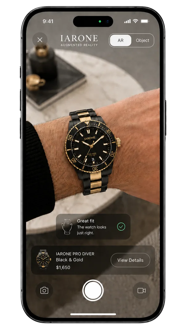 Iarone AR preview displaying a 3D watch model for e-commerce integration